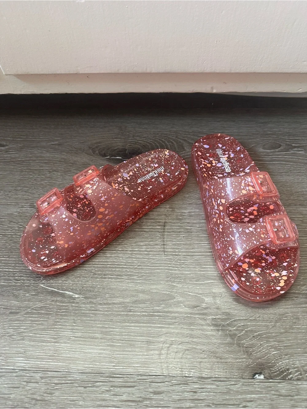 Mini Melissa Coral Pink Glitter Jelly Slide Sandals with Buckles